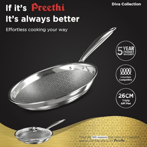 Preethi Diva Collection Triply Stainless Steel Fry Pan with API Technology, 26 cm, Gas & Induction Compatible, with Glass Lid, Metal Spatula Friendly with 5 Year Product Warranty - Image 2